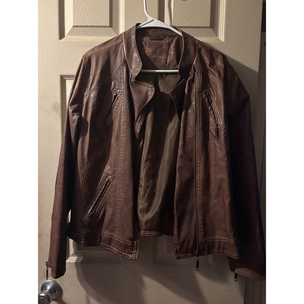 J2 by Joujou Brown Faux Leather Moto Jacket Women Medium Cafe Racer Zip Up